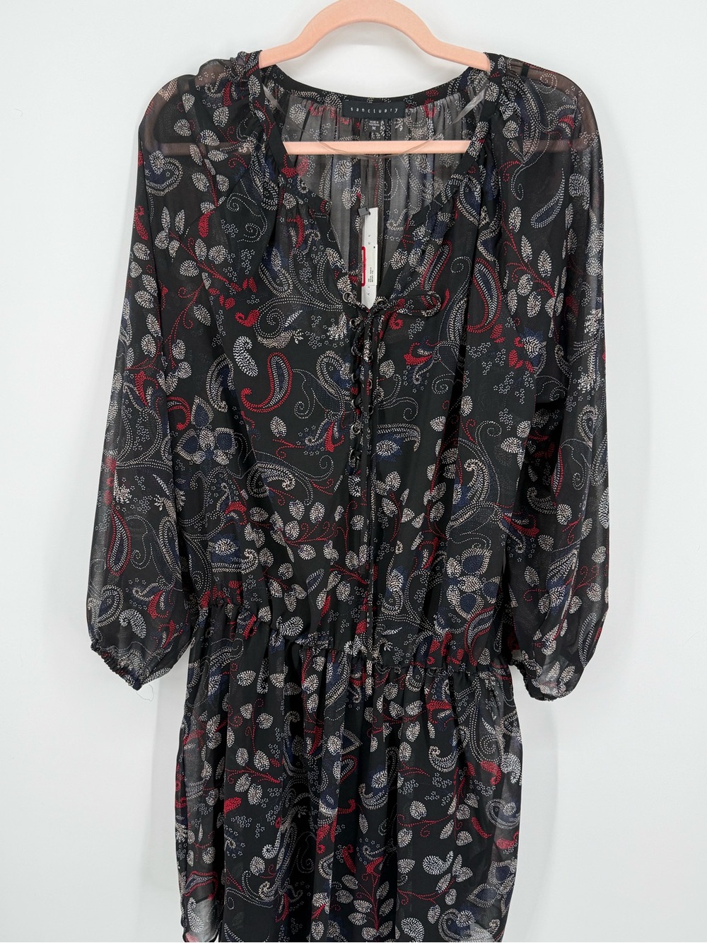 Sanctuary Black Paisley Tie-Front Long-Sleeve Dress with Red and Blue Accents